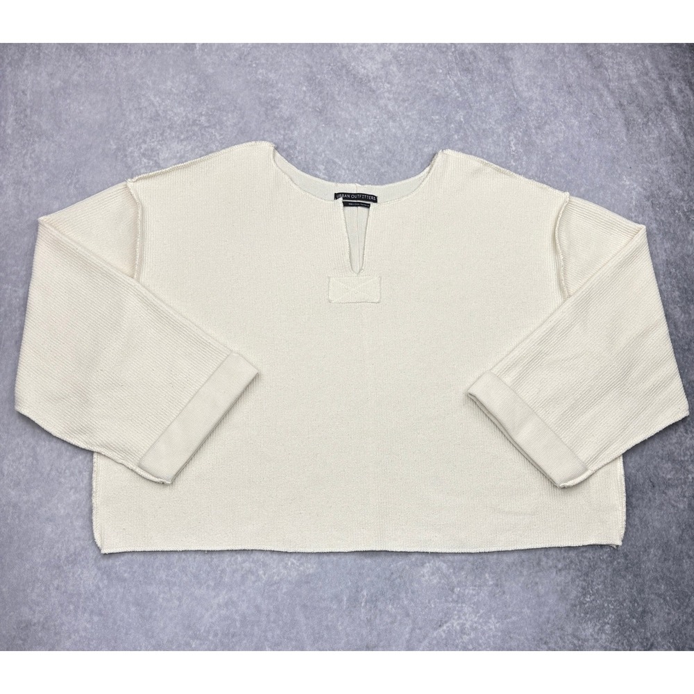 Urban Outfitters Womens Medium Cream Textured Knit Split Neck Boxy Crop Sweater